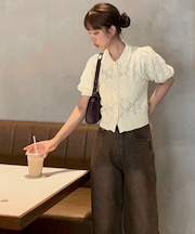 透かし編みパフスリーブニットトップス