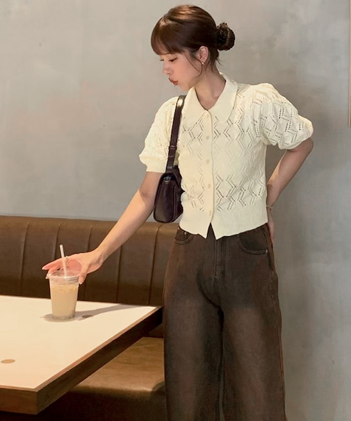 透かし編みパフスリーブニットトップス
