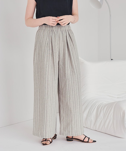 タグ付きエブール　リネンワイドパンツストライプ　38 ストライプリネンタッチワイドパンツ｜ティティベイトの通販