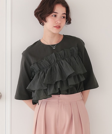 アシンメトリーギャザーフリルドッキングトップス