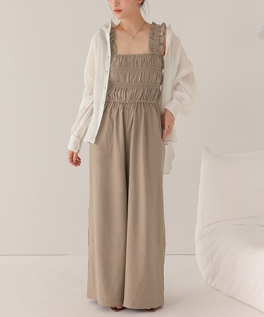 楽ちんきれいショルダーフリルシャーリングオールインワン