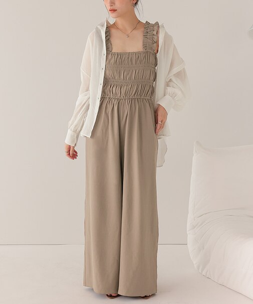 楽ちんきれいショルダーフリルシャーリングオールインワン