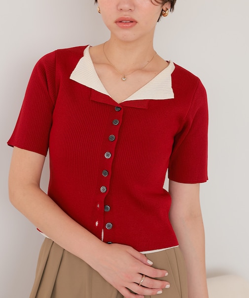 レイヤード風ハーフスリーブリブニットトップス