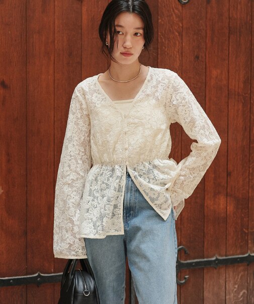 Vネックペプラムデザインレースブラウス