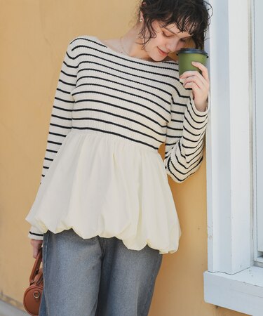 ヘムバルーンドッキングボートネックリブニット