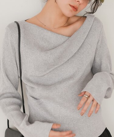 オフショルダーリブニットトップス