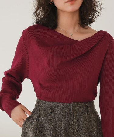 オフショルダーリブニットトップス