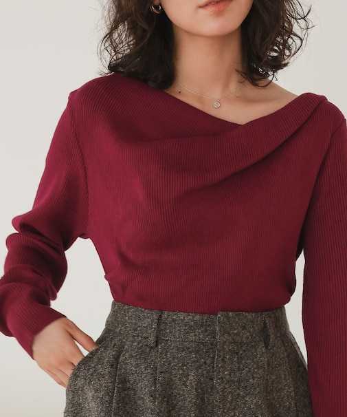 オフショルダーリブニットトップス