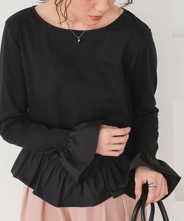裾フリルデザインロングスリーブTシャツ