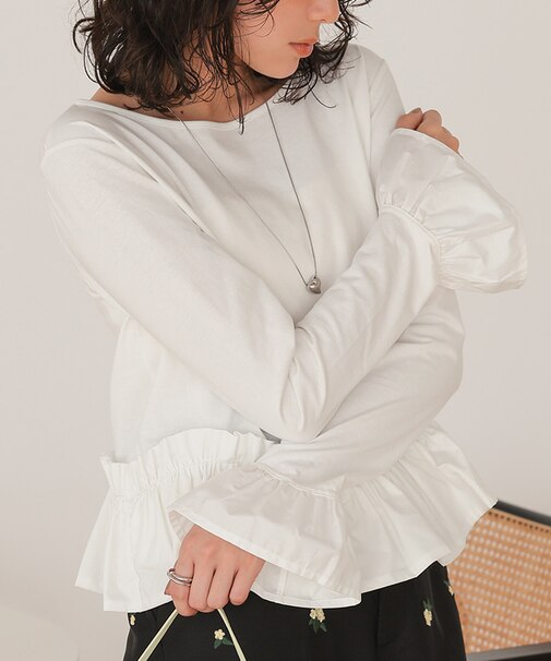 裾フリルデザインロングスリーブTシャツ