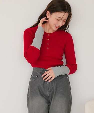 袖配色ヘンリーネックニット
