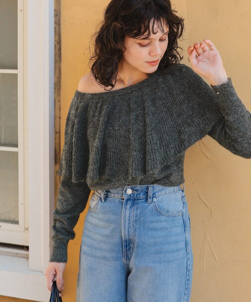 ウールブレンドマルチwayフリルニットトップス