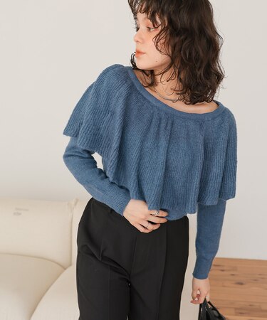 ウールブレンドマルチwayフリルニットトップス