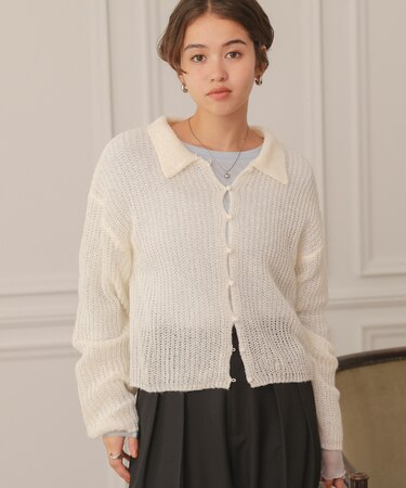 起毛糸ポロ襟シアーニット