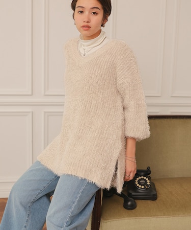 前後2wayサイドスリットシャギーチュニックニット