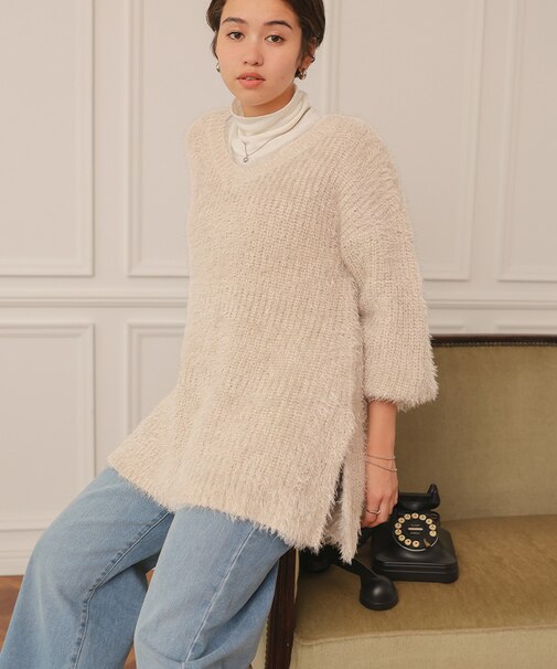 前後2wayサイドスリットシャギーチュニックニット