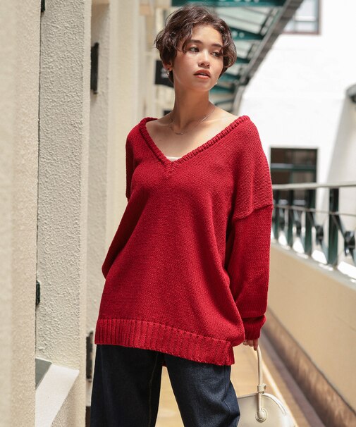 ルーズ深Vネックニットプルオーバー