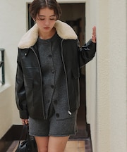 ファーティペット付きフェイクレザーブルゾン