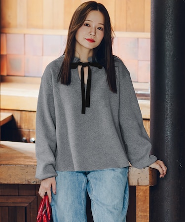 前後2wayベロアリボンフリルニットトップス