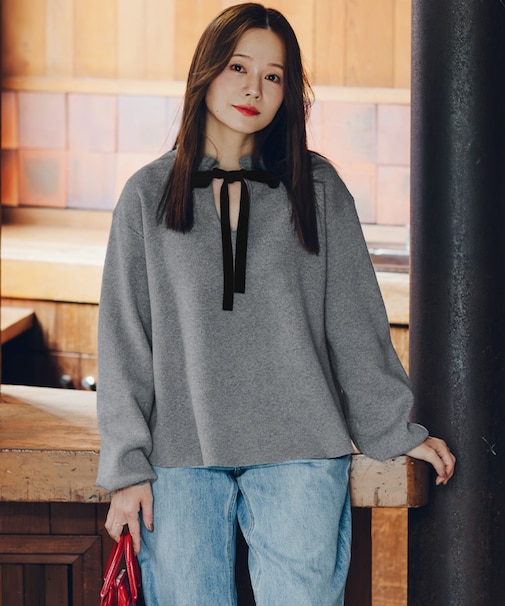 前後2wayベロアリボンフリルニットトップス