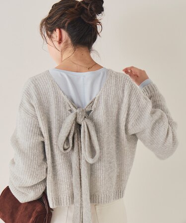 前後2wayリボンデザインシアーローゲージニット