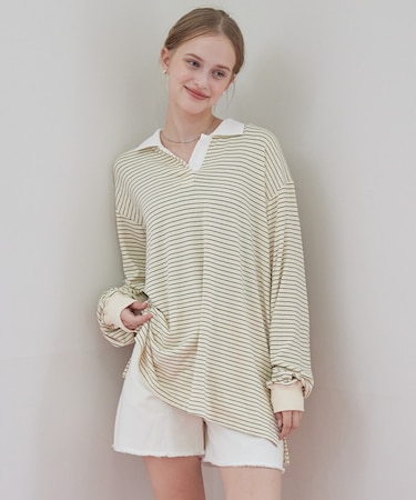 細ボーダーオーバーラガーシャツ/ラッシュガード