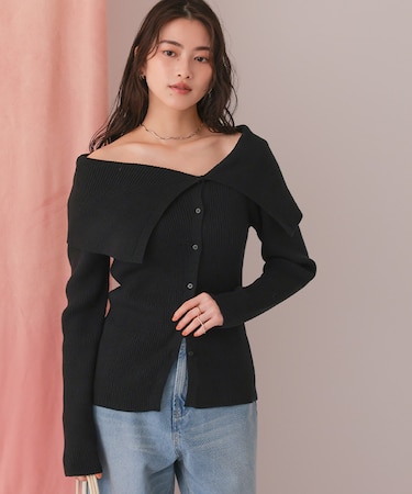 アシンメトリーオフショルダーニットトップス