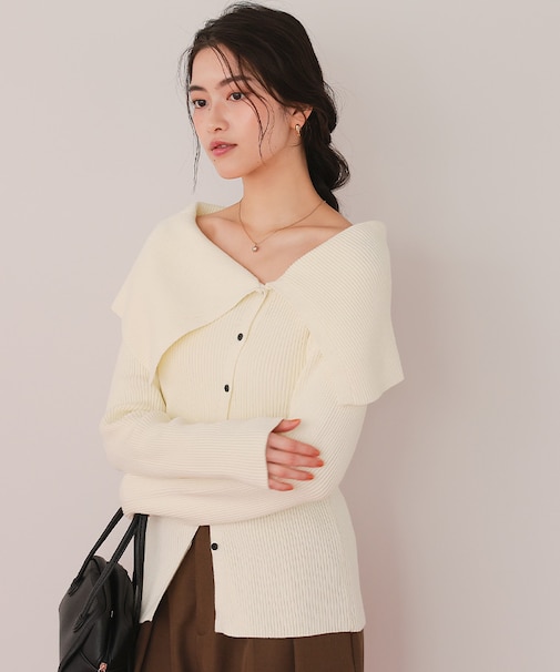 アシンメトリーオフショルダーニットトップス