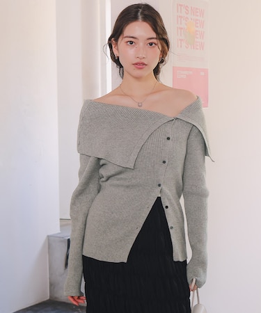 アシンメトリーオフショルダーニットトップス
