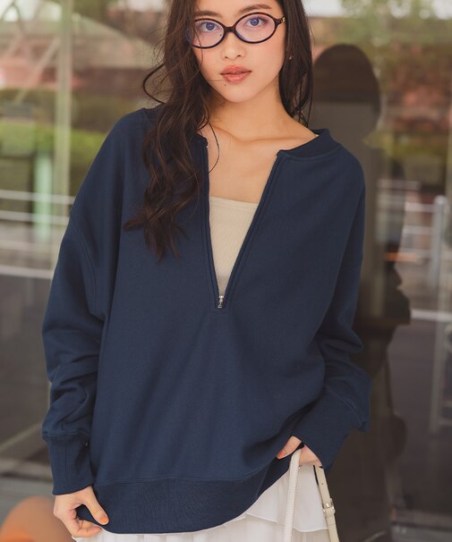 フロントジップゆるっとスウェットプルオーバー