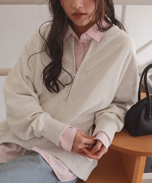 フロントジップゆるっとスウェットプルオーバー