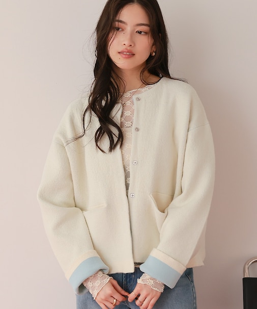 配色デザインニットコート/カーディガン