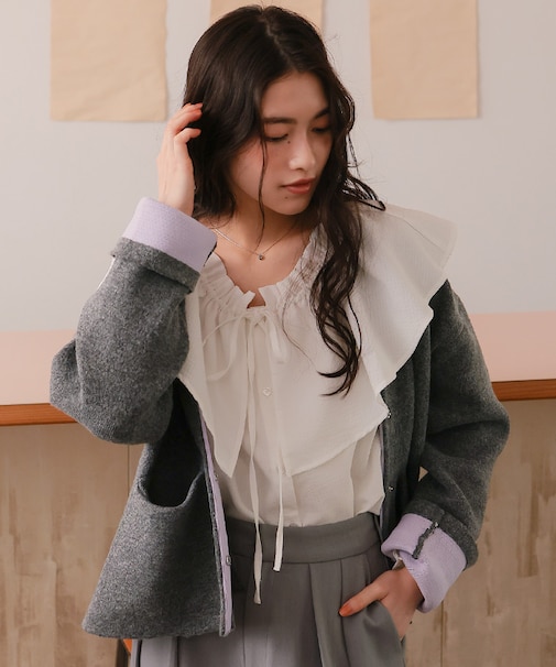 配色デザインニットコート/カーディガン