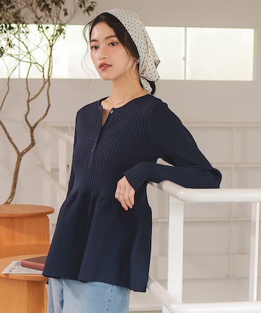 前後2wayヘンリーネックペプラムニットトップス