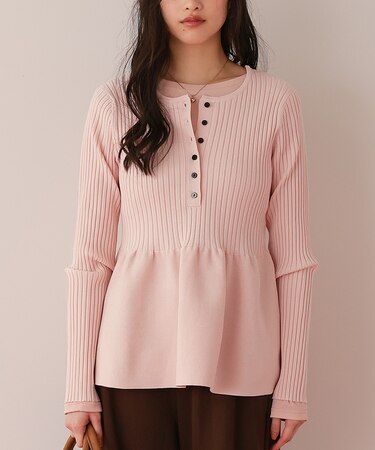 前後2wayヘンリーネックペプラムニットトップス