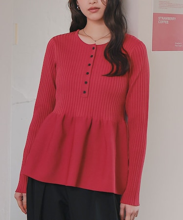 前後2wayヘンリーネックペプラムニットトップス