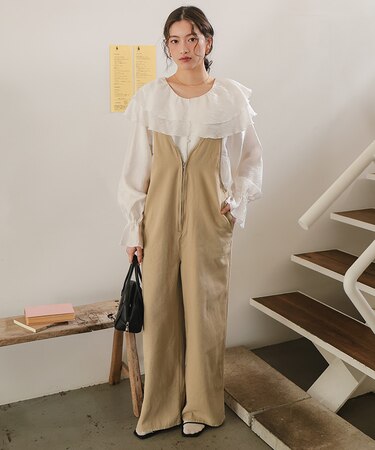 フロントファスナーデザインデニムキャミソールサロペット