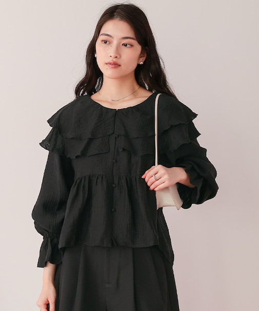 ペプラムギャザーラッフルフリルブラウス