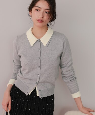 ポロ襟ニットカーディガン/トップス