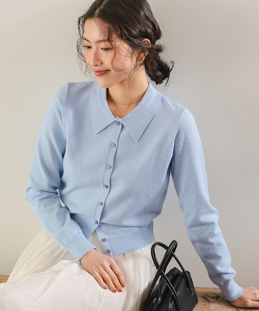 ポロ襟ニットカーディガン/トップス