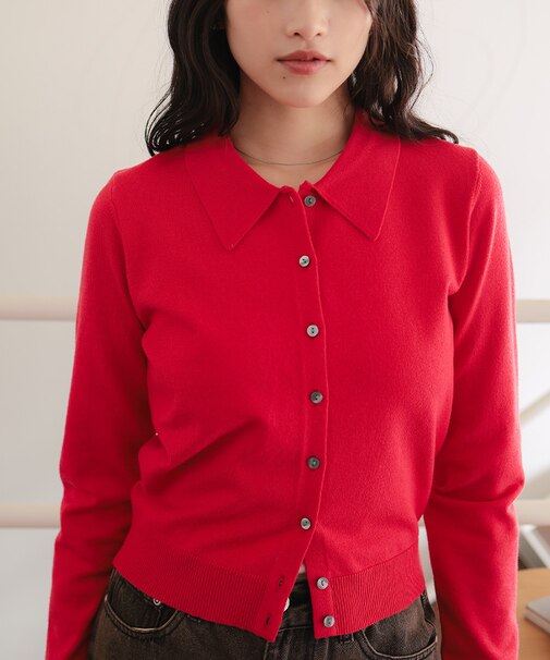 ポロ襟ニットカーディガン/トップス