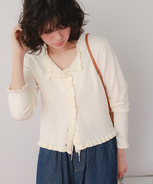 UVケア/抗ピルプチフリルデザインニットカーディガン