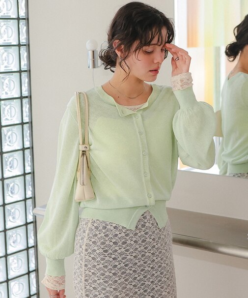 前後2wayボリュームスリーブシアーニットカーディガン