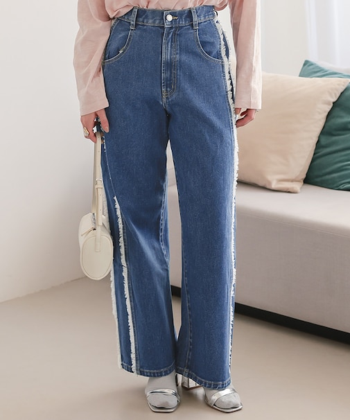 サイドフリンジワイドデニムパンツ