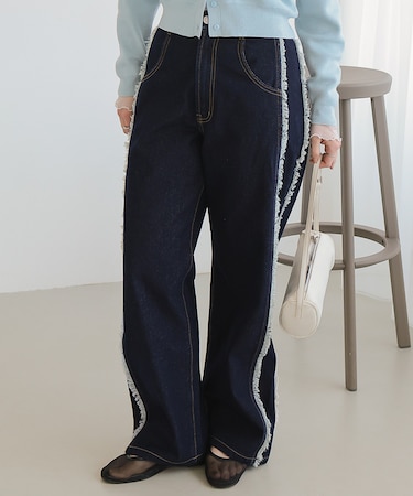 サイドフリンジワイドデニムパンツ