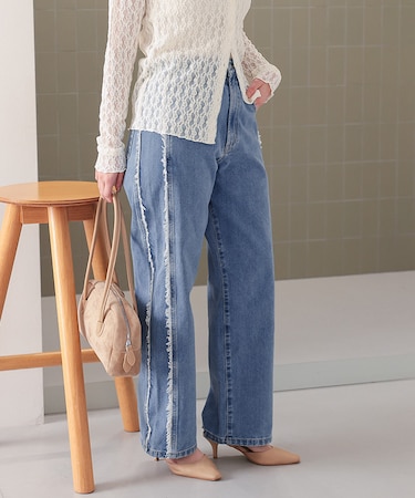 サイドフリンジワイドデニムパンツ