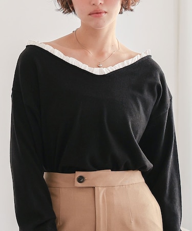 異素材コンビオフショルダートップス