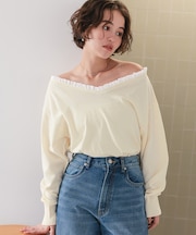 異素材コンビオフショルダートップス