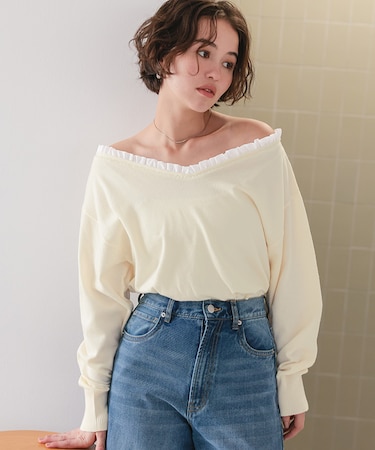 異素材コンビオフショルダートップス