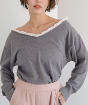 異素材コンビオフショルダートップス